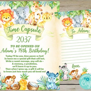 Safari jongen verjaardag tijdcapsule bord en tekstkaart, digitaal afdrukbaar, ik ontwerp je print, safari jongen tijdcapsule, olifant giraffe
