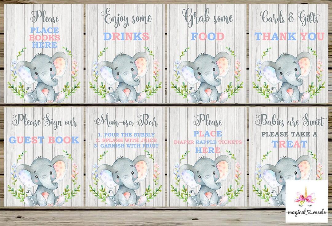 Elephant Gender Reveal Signs Bundle Blue and Pink Flowers Etsy