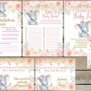 Lot de jeux baby shower éléphant, lot de jeux baby shower fille, lot de jeux, paillettes roses et dorées, éléphant avec noeud rose, jeux.