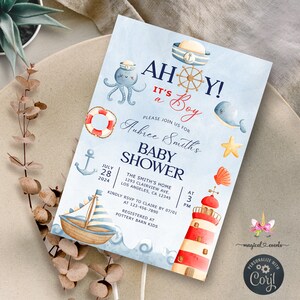 Nautical boy baby shower invitation, ocean sea life, sailor boy baby shower invite, digital printable corjl, nautical ship lighthouse anchor