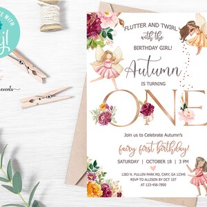Invitación de hada de 1er cumpleaños, invitación de primer cumpleaños de niña, imprimible digital, flores de hadas, cartas de cobre, invitación de hadas, corjl.