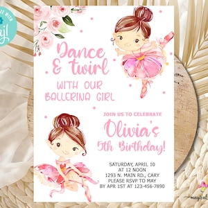 バレリーナのダンスとくるくる回る女の子の誕生日招待状、ピンクのバレエ バレリーナの誕生日招待状、女の子の招待状、デジタル印刷可能、corjl 編集可能。