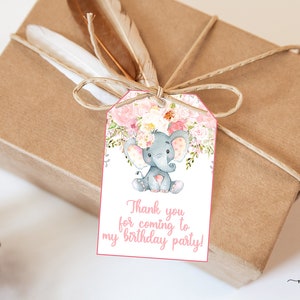 Pink elephant thank you tags, birthday favors, pink blush flowers thank you tags favor, birthday tags, instant download, digital printable.