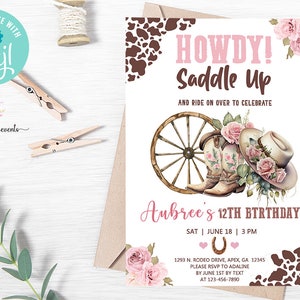 Cowgirl western birthday invitation, birthday invite, Saddle Up, Wild and Free, corjl digital printable, pink cowgirl, Western invitation.