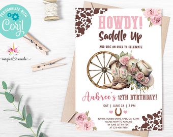 Cowgirl western birthday invitation, birthday invite, Saddle Up, Wild and Free, corjl digital printable, pink cowgirl, Western invitation.