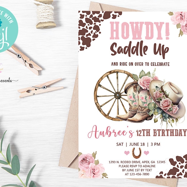 Cowgirl western birthday invitation, birthday invite, Saddle Up, Wild and Free, corjl digital printable, pink cowgirl, Western invitation.