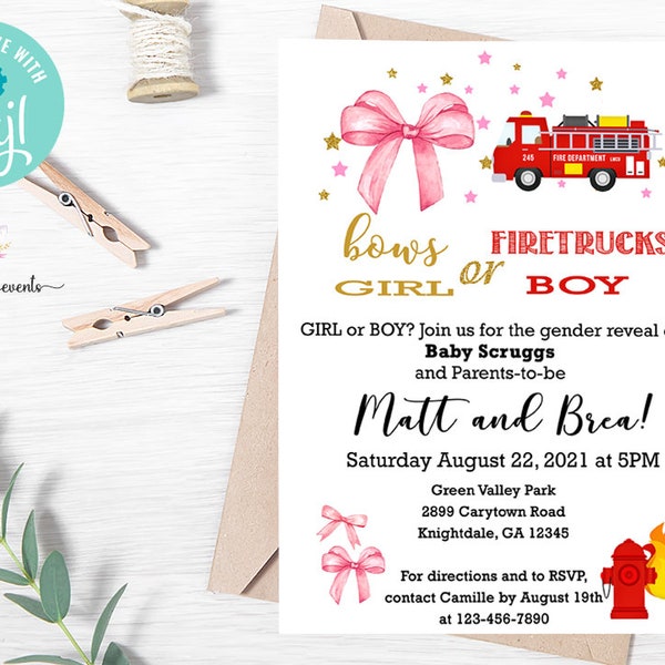 Bows or firetrucks gender reveal invitation, gender reveal invite, boy or girl, digital printable, bows and truck invite, corjl editable.