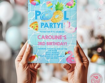 Pool party girl birthday invitation, girl pool birthday invite, corjl digital printable, floaties ice cream pizza popsicles watermelon.