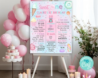 Sweet One 1st birthday girl milestones sign, birthday chalkboard, Sweet One milestone sign, sweets candy, corjl editable digital printable.