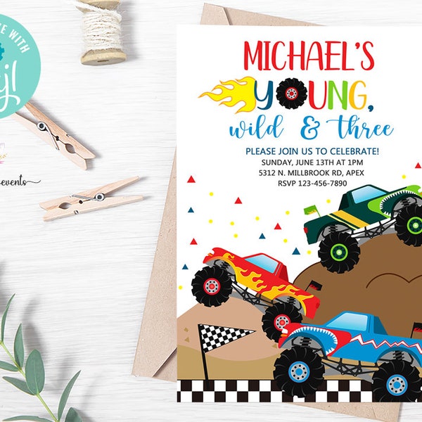 Monster trucks boy birthday invitation, monster truck boy birthday invite, digital printable, young wild and three monster truck, corjl.