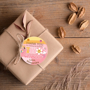 Two Groovy girl birthday thank you tags, birthday favors, girl retro 70s hippie guitar thank you tags, birthday tag, groovy girl favor tags.