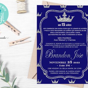 Sweet Fifteen boy birthday invitation, Sweet 15 birthday invite, digital printable, 15th birthday, royal blue silver, español español, corjl