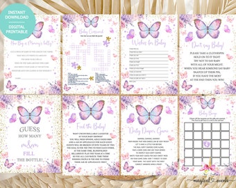 Butterfly butterflies baby shower games bundle, girl baby shower games, games package, baby shower games pack, bundle, pink purple gold.
