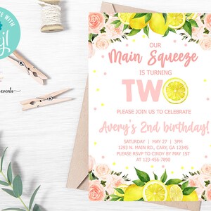 Lemons 2nd birthday invitation, girl 2nd birthday invite, digital printable, our main squeeze is turning two, lemons invitation, corjl.