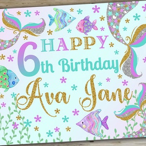 Edible topper for 11x14 cake, mermaid digital design for edible topper for cake, mermaid girl birthday, customized mermaid birthday sign.