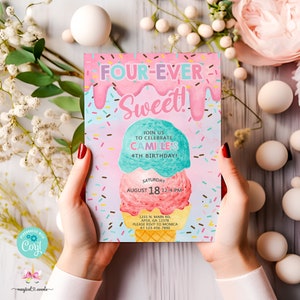Four-Ever Sweet girl ice cream 4th birthday invitation, girl birthday invite, corjl digital printable, ice cream girl 4th birthday invite.