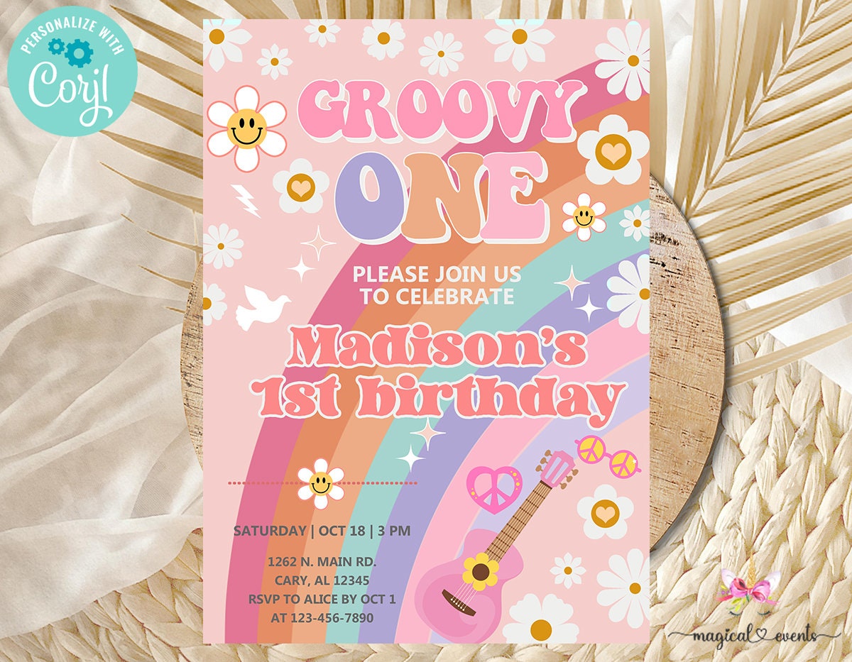 Girl Groovy One 1st Birthday Invitation, 70s Retro Smileys Hippie ...