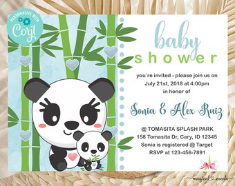 Panda bear baby shower invitation, boy baby shower invite, panda bear, bamboo, corjl digital printable, boy baby shower, panda bear shower.