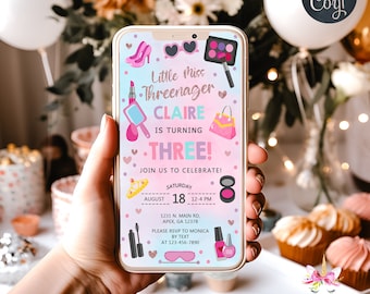 Threenager girl 3rd third birthday cell phone evite, birthday phone invitation electronic invite, threenager 3, corjl digital printable.