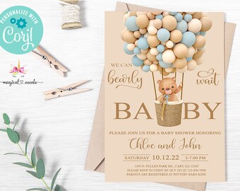 Bearly wait, bear baby shower invitation, boy invite, hot air balloon, balloons, digital printable, corjl editable, we can bearly wait, bear