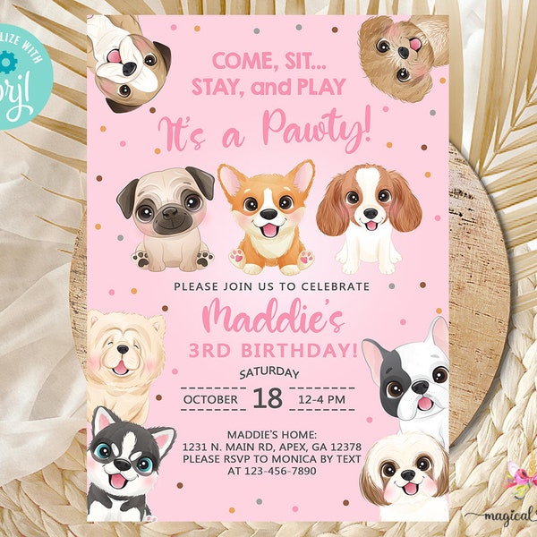 Invitación de cumpleaños de cachorros de perros chica, invitación de cumpleaños rosa de niña, invitación de cachorro de perro, es una invitación pawty, imprimible digital, corjl editable.