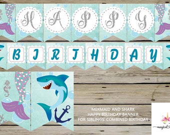 Siblings Mermaid and Shark combined birthday digital banner, birthday favors, favor, digital printable instant download, mermaid tail silver