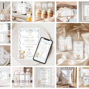 May include: A selection of baby shower stationery and decorations in blue and beige. The items include invitations, thank you cards, water bottle labels, cupcake toppers, and a welcome sign, all featuring a teddy bear illustration.