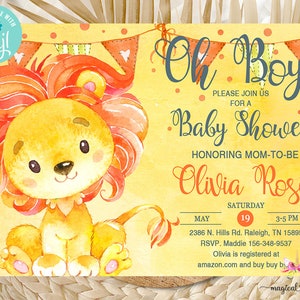 Oh boy lion baby shower invitation, boy baby shower invite, lion buntings, boy baby shower, corjl digital printable, boy lion baby shower.
