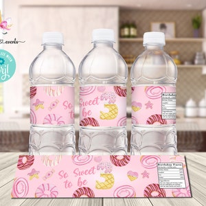 Sweet to be 3 birthday water bottle labels, girl birthday favors favor, corjl digital printable, editable 3rd birthday favor, donuts cookies