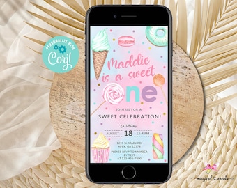 Sweet One girl birthday cell phone evite, Sweet One birthday phone invitation electronic invite, sweets candy donut, corjl digital printable