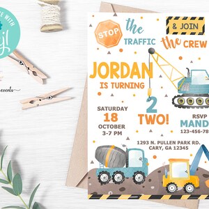 Construction trucks boy birthday invitation, invite, digital printable, dump everything and join the crew, dump truck, boy, corjl editable.