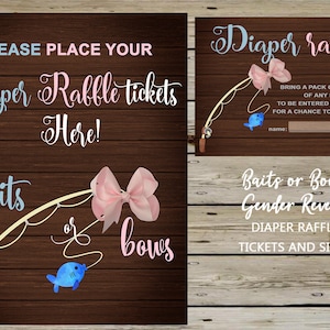 Los cebos o moños revelan el género, letreros y boletos para la rifa de pañales, letreros para baby shower, letreros y tarjetas de cebos o moños, tarjetas y letreros para la rifa de pañales.