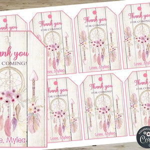 Etichette di ringraziamento per acchiappasogni, bomboniere di compleanno, frecce rosa acchiappasogni grazie etichette di ringraziamento, etichette di compleanno personalizzate, nativo tribale boho.