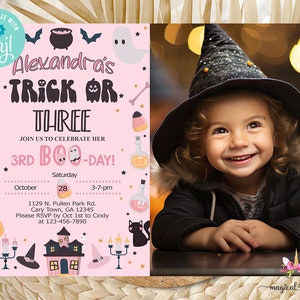 Halloween girl birthday invitation, trick or three corjl digital printable, Halloween 3rd birthday, ghosts skull candy cat bat photo invite.