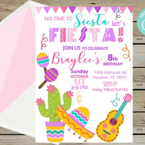 No time to siesta, lets fiesta, 10th birthday invitation, girl birthday invite, fiesta invitation, digital printable, pink girl fiesta.