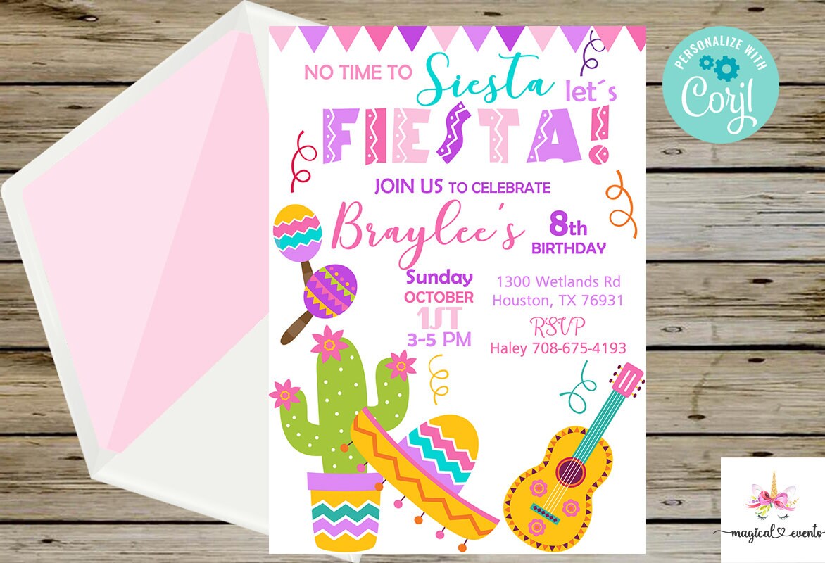 No Time to Siesta, Lets Fiesta, 10th Birthday Invitation, Girl