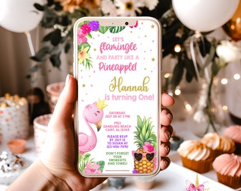 Let's flamingle pineapple girl birthday cell phone evite, birthday phone invitation electronic invite, corjl digital printable, flamingo.