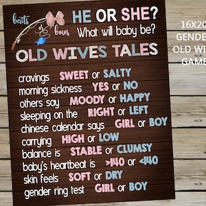 Baits or bows gender reveal sign, 16x20 or 8x10 gender reveal sign, boy or girl guess sign, old wives tales gender reveal guessing game.