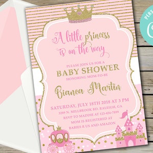 Pink gold princess baby shower invitation, girl baby shower invite, royal princess crown carriage castle, digital printable, corjl editable.