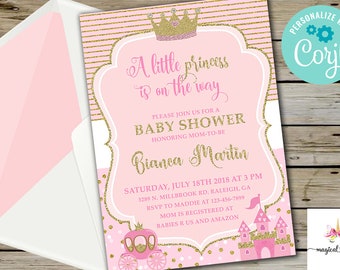 Pink gold princess baby shower invitation, girl baby shower invite, royal princess crown carriage castle, digital printable, corjl editable.