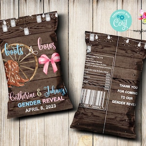 Boots or bows gender reveal Chips Bag Wrapper, digital printable, gender reveal favor, party supplies, boots or bows chips bag wrapper.