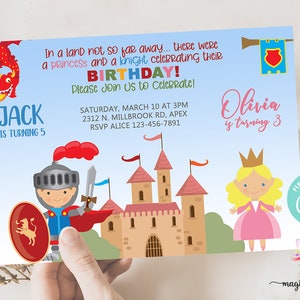 Siblings princess and knight birthday invitation, boy girl brother sister, corjl digital printable, princess knight castle dragon birthday.