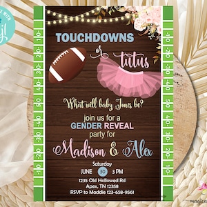 Touchdown o invito alla rivelazione del genere tutu, invito alla rivelazione del genere calcistico, stampabile digitale, download istantaneo, legno marrone, corjl modificabile
