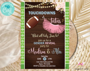 Touchdowns or tutus gender reveal invitation, football gender reveal invite, digital printable, instant download, brown wood, corjl editable