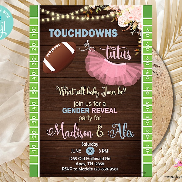 Touchdowns or tutus gender reveal invitation, football gender reveal invite, digital printable, instant download, brown wood, corjl editable