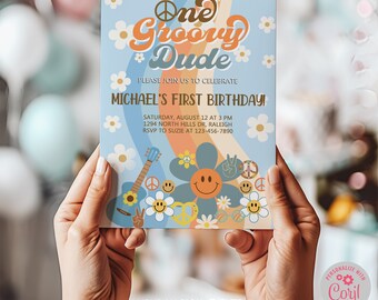 May include: A blue and orange invitation card with the text "One Groovy Dude" in a retro font. The card features a peace sign, flowers, and a guitar. The text "Michael's First Birthday!" is also included, along with the date, time, and location of the party. The card is decorated with a colorful, psychedelic design.