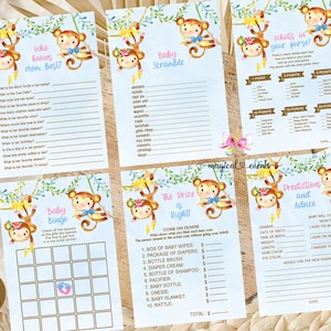 May include: A set of printable baby shower games featuring monkeys in a jungle setting. The games include "Who Knows Mom Best?", "Baby Scramble", "What's in Your Purse?", "Baby Bingo", "The Price is Right", and "Predictions and Advice".