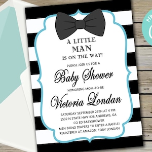 Little man baby shower invitation, boy baby shower invite, black white blue, bow tie, bowtie, digital printable download, corjl editable.