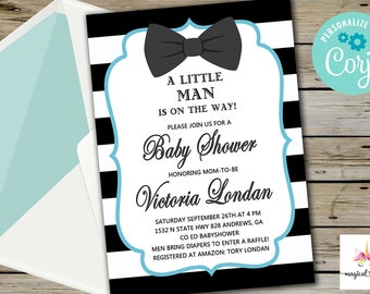 Little man baby shower invitation, boy baby shower invite, black white blue, bow tie, bowtie, digital printable download, corjl editable.