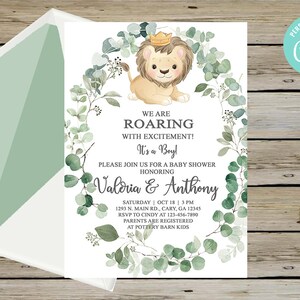 May include: A baby shower invitation with a green eucalyptus wreath and a cute lion cub wearing a crown. The text reads "We are Roaring with Excitement! It's a Boy!" and includes the names "Valdria & Anthony" and details for the event.